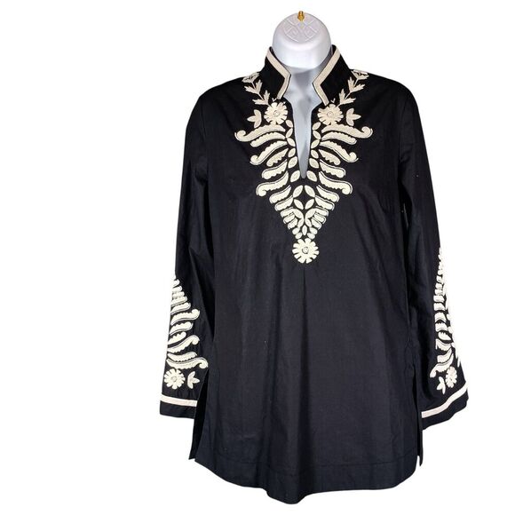 Tory Burch Embroidered Tory Tunic Womens 2 Top V-Neck Cotton Black